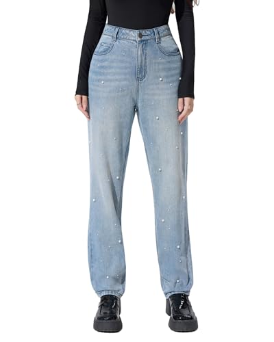 LERK Women Pearl Mid Waist Regular Fit Ankle Length Straight Jeans with Pockets
