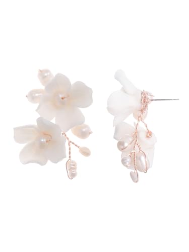 Handmade Ceramic Flower Pearl Stud Earring Drop, White Wedding Prom Accessories Post Earrings Jewelry for Brides Women
