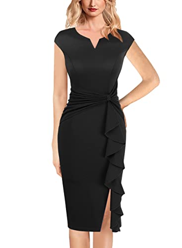 Vfshow Womens Ruffle Slit Vintage Bow Peplum Notch Neck Work Business Office Party Bodycon Black Pencil Sheath Dress 10515C Blk Xl #TOP24