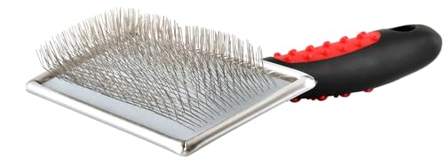 Image of Jeffers Pet Non Slip Slicker Grooming Brush - Soft Flexible Pins, Red & Black Handle. Detangling Grooming Tool for Dogs & Cats w /Short, Long, Thick & Curly Coats, Easy Storage, Travel Size - Large
