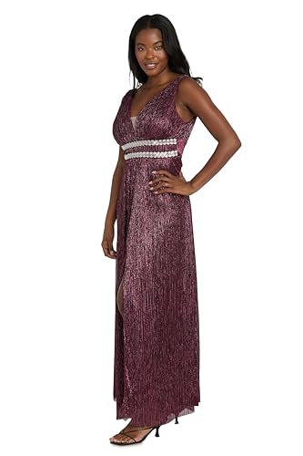 Image of R&M Richards Women's Pleated Maxi Dress W /Illusion V-Neck, Embellished Waistband & Front Slit - Party & Cocktail Gown