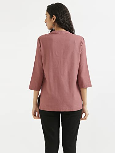 Image of SAADAA Women Short Kurti Airy Linen Regular Fit Kurta with 3 /4th Sleeves, Mandarin Collar, Side Slit Perfect for Casual, Formal, and Ethnic Wear
