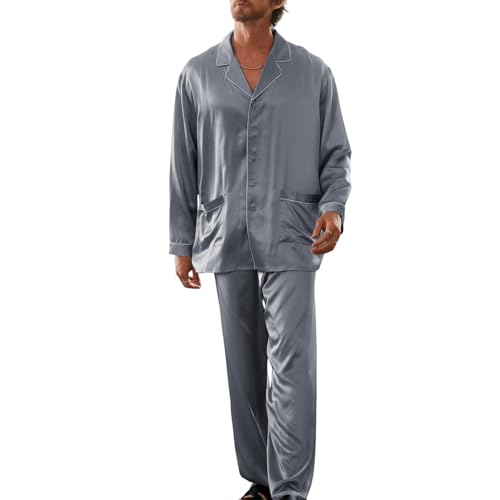 COLD POSH Men's Silk Pajamas Set Long Sleeve 2PC Luxury Silk Sleepwear Button-Down PJ Set