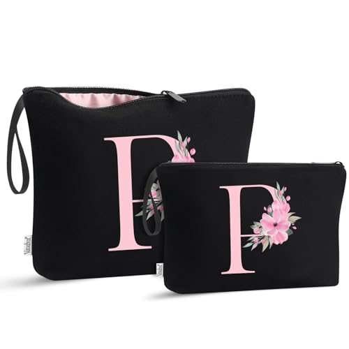 Image of Vavabox A-Z Personalized Makeup Bag, Birthday Gifts for Women Mom, Gifts for Best Friend, Bride Bridesmaid Cosmetic bag (P, 04-Black Set)