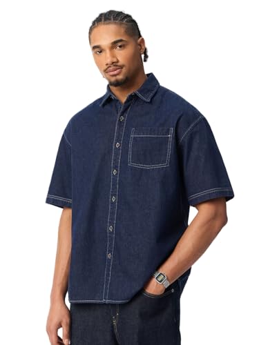 Image of The Souled Store Denim Shirt: Regal Men and Boys Short Sleeve Spread Collar Dark Blue Solid Cotton Lightweight Basic Everyday Office Wear Easy to Style Drop Shoulder Streetwear Casual Oversized Shirt