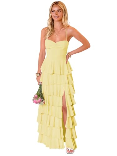 Vvecz Tiered Chiffon Bridesmaid Dress Yellow Ruffled Flowy Backless Semi Formal Dresses with Slit...