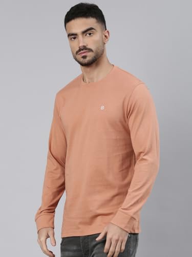 Image of Classic Polo Men's Full Sleeve Brown Crew Neck Slim Fit Solid Cotton T-Shirt