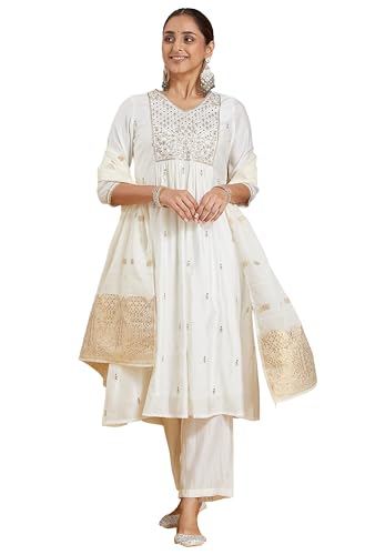Chanderi Ensemble brodé soie Janasya tenue de fête blanche