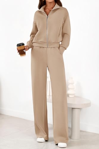 PRETTYGARDEN Women's 2 Piece Outfits Spring Sweatsuits Zip Up Sweatshirt Wide Leg Sweatpants Casual Tracksuit Lounge Sets(Khaki,Small) — view 2