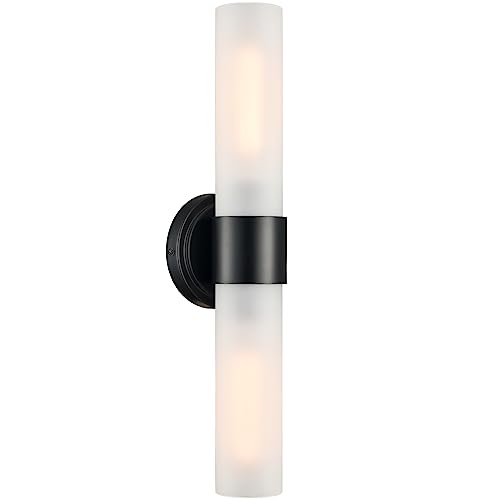 Image of DAYCENT Modern Black Bathroom Vanity Lights Farmhouse 2-Light Frosted Glass Wall Sconce Matte Black Cylinder Sconces Wall Lighting for Bedroom Hallway Living Room, 20 inch H