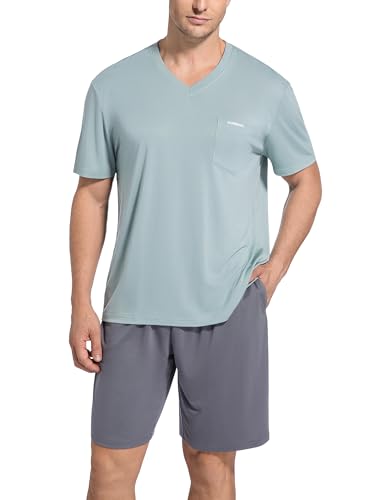 SlumberMee Mens Pajama Set Soft Cooling Viscose Summer Pjs Short Sleeve Sleepwear 2 Piece Set V Neck Loungewear with Pockets