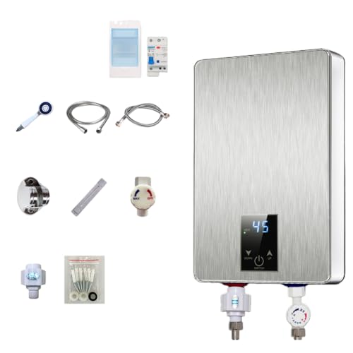 TVTKE給湯器 電気温水器 瞬間給湯器 タンクレス給湯器 取り付けやすい 温度調整可能 壁掛け インスタント温水器 住宅向け キッチン 手洗洗面用 洗面台適用 (シルバー)