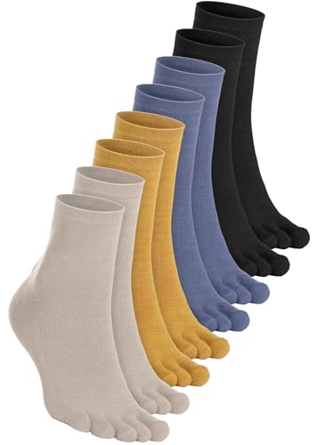 Bencailor 4 Pair Women Five Toe Socks Cotton Crew Ankle Socks with Toes for Women Men Athletic Running Yoga Daily(Black,Light Brown,Ginger Yellow,Denim Blue,5-9)