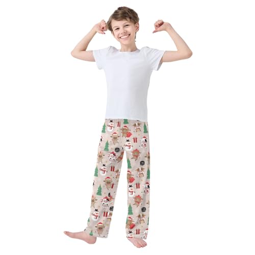 Xmas Cow Snowman Boys Long Pants Soft Trousers Elastic Waist Kids Lounge Bottoms with Pockets S-XL2