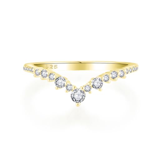 Wedding Band for Women 925 Sterling Silver White & Yellow Gold Ring V Shape Engagement Stackable Ring Half Eternity Round Cut CZ Jewelry for Her Size 5-10 - Main Image