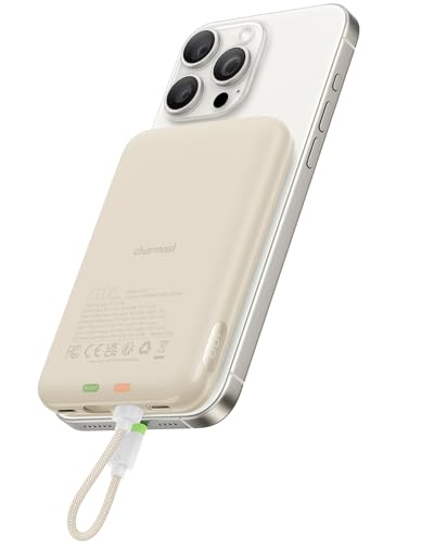 Charmast Compact Wired Portable Charger, Slim 10000mAh Fast Charging Power Bank with Built-in Versatile Cable (Removable) for iPhone & Android (No-Wireless), Aesthetic Gifts for Family Friends