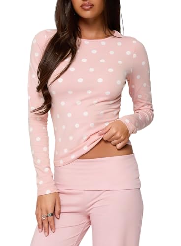 Women Polka Dot Top Long Sleeve Crewneck Y2K Crop Tops Dots Print Stretch Slim Fit T Shirts Underscrub Whimsy Clothes (Dots Pink White, S)