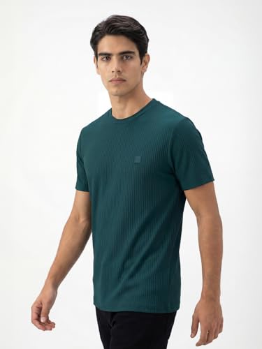 Image of DAMENSCH Men's Striped Texture, Cotton-Rich Comfort, Regular Fit, Solid Colours Striped T-Shirts