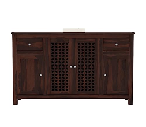 Image of Solid Sheesham Wood Wooden Sideboard Storage Cabinet : Ideal for Living Room and Bedroom with 2 Drawers and 7-Shelf Storage (Mendes, Walnut Finish)