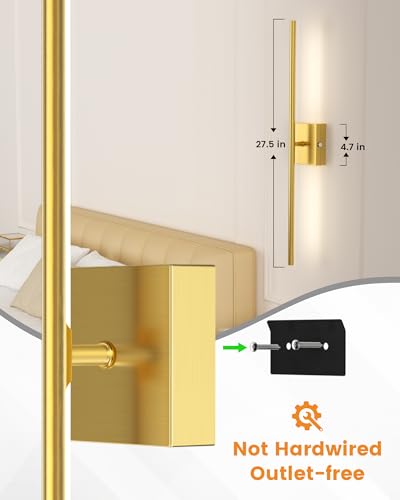 Image of VOLISUN Battery Operated Wall Sconces Set of Two, Rechargeable Wall Sconces with Remote, 3000K-6500K Dimmable Battery Wall Sconce Decor, 27.6'' Wireless Wall Lights for Bedroom, Living Room(Gold)