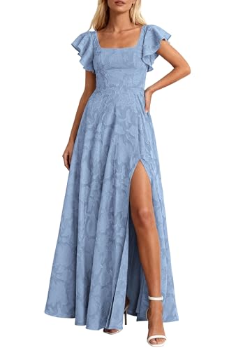 KIRUNDO Cocktail Dresses for Women Elegant Wedding Guest Summer Formal Maxi Lace Floral Slit Prom Party Bridesmaid Dress (Blue Medium)