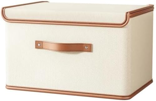 Riuuyyi 収納ボックスパック 蓋付き 折りたたみ式クローゼットオーガナイ本、ファイルの整理用 ザーコンテナ ハンドル付きファブリックオーガナイザーボックス 蓋付き装飾収納ボックス 衣類、ホワイト (58*40*35cm,米色)