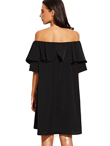 Romwe Women's Off The Shoulder Ruffle Casual Loose Shift Dress Black S