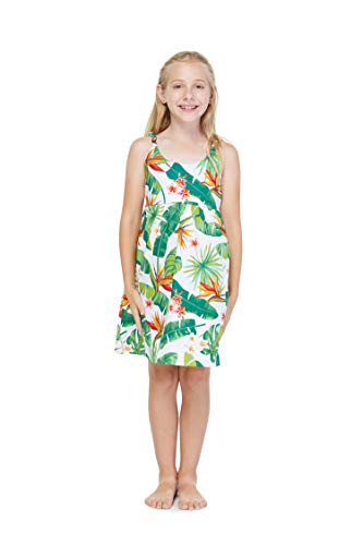 Girl Elastic Strap Empire Waist Dress in Classic Bird of Paradise in White