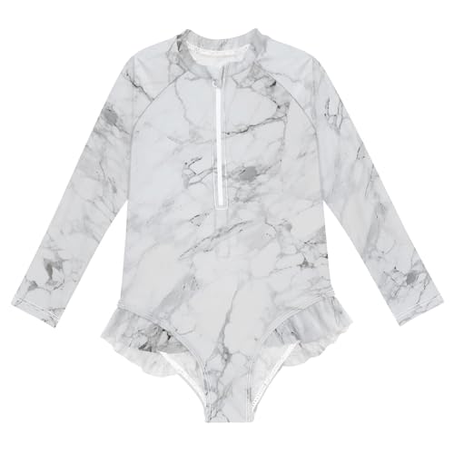 ALAZA Swimsuit for Girls Long Sleeve Rashguard Bathing Suit Marble White Quick Dry 4T
