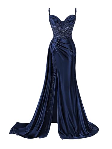 Women's Satin Mermaid Prom Dresses with Slit Sparkly Lace Empire Waist V Neck Evening Gowns 2025