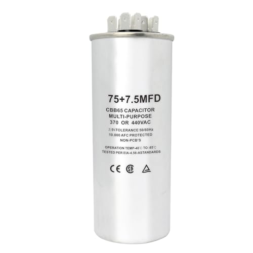 CBB65 Round Dual Run Circular Start Capacitor, 75 + 7.5 uF/MFD ±5% 370V/440VAC Combination Capacitor for Compressor AC Motor Run Fan Start Condenser Straight Cool/Heat