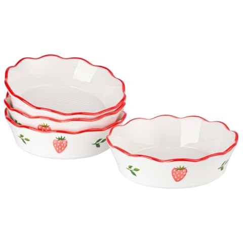 CHILDIKE Strawberry ceramic mini pie pan, 6.5-inch, 12oz pie plate, suitable for baking chicken pot pie, milk Egg cakes, fruit pie, Set of 4 Cover
