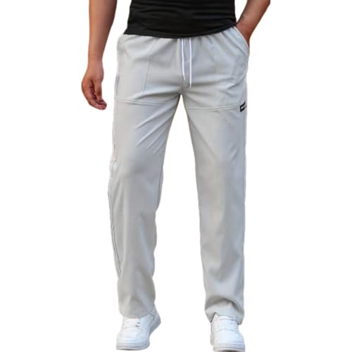 Men's All Seasosns Solid Letter Patched Drawstring Waist Pants with Pockets, Casual Slim Straight Leg Trousers