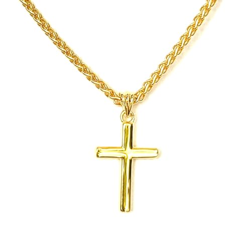 14K Solid Gold Small Cross Pendant with 2mm Wheat Chain Timeless Elegance for Men, Women, and Teens (20
