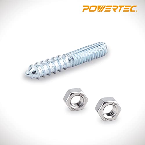 POWERTEC QHB1002 Hanger Bolts 1/4-20 x 1-1/2 Inch, 50 Pack with 2 Piece Bolt Installation Hex Nuts