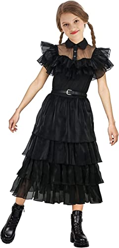 Zifunmur Wednesday Addams Dress Costume Girls Black Gothic Tulle Dance Lace Dress With Belt Halloween Party Cosplay Outfit (Medium) #TOP4