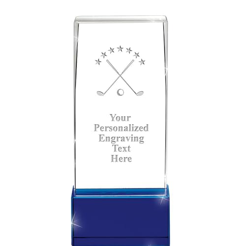 Crown Awards Customizable Crystal Award, 5.75" Engraved Golf Clubs and Ball Sapphire Lux Crystal Award