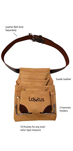Image of LAUTUS Leather Tool Pouch Bag |Carpenter, Construction, Framers, Handyman |2 Hammer Holders, 10 Pockets|