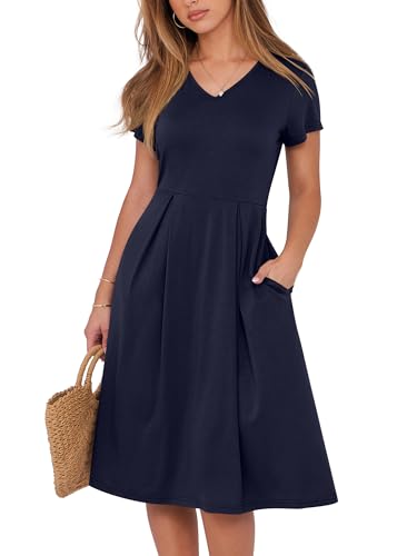 Image of ANRABESS Women Summer Dress Casual Short Sleeve V Neck A-Line Knee Length Pleated Flowy 2026 Fashion Midi Dresses with Pocket