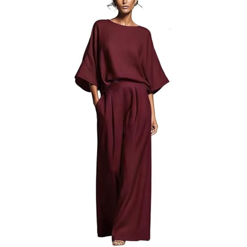 Traje de lino monocolor con elegante pantalón de pierna ancha para mujer