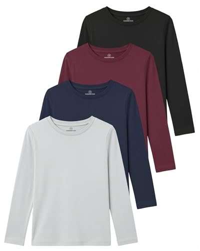 Image of Real Essentials 4 Pack: Girls' Cotton Long Sleeve Crew Neck T-Shirt - Athletic Tee Shirt for Teens Kids Youth (Ages 4-16)