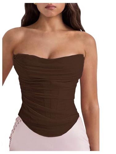 Floerns Womens Strapless Ruched Tube Tops Sleeveless Bandeau Concert Corset Top Coffee Brown Small
