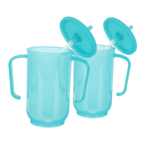 IWOWHERO 2 Pack Non-spill Straw Cups for Elderly Adults Spill Proof Water Straw Cup Handle for Bedridden Sippy Cup for Seniors