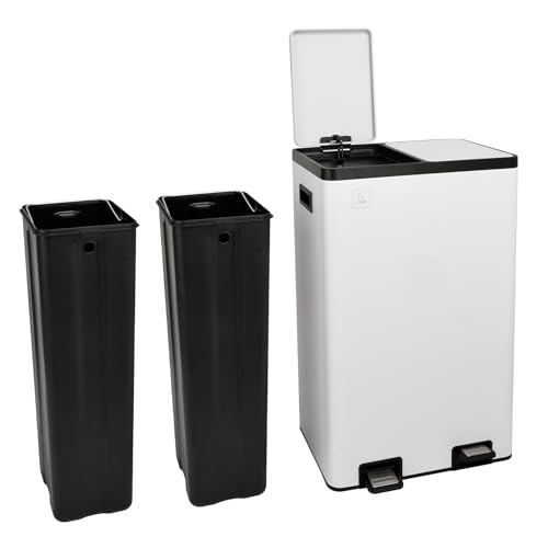 SVITA TMH2X30 Mülleimer 60L Mülltrennsystem 2 Fächer 2x30L Softclose-Deckel Pedal versteckbar Kunststoff Inneneimer | Pulverbeschichteter Stahl Weiß