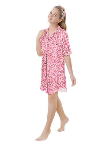 Image of Schbbbta Girls & Women Silk Nightgown, Short Sleeve Button Down Satin Nightshirt Pajama House Dress, 3 Years- Women 2XL