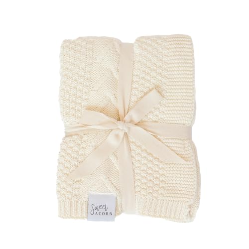 Sweet Acorn Knit Baby Blanket in Elegant Pattern, Organic Cotton Blankets for Crib or Stroller, Receiving Blankets - Salt White