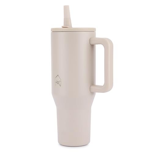 Image of House of Quirk 1200ML Tumbler with Handle & Simple Flip Straw - Car Cup Holder Friendly, Leak Resistant Stainless Steel Water Bottle with Rubber Base (Oat)