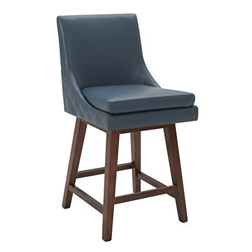 Watson & Whitely 26" Counter Height Swivel Barstools, Upholstered Faux Leather Bar Stool With Back, Solid Wood Legs, Blue #TOP24