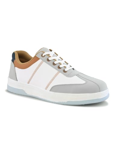 Image of STANPHORD Men's Colourblock Chunky Lightweight Lace-Up Sneakers | Casual Synthetic Leather Shoes with PU Cushioned Insole & Non-Slip Rubber Sole | Comfortable Round Toe Walking Footwear Built for Men Seeking Trendy Street Style with All-Day Comfort | Ideal for Office, Travel, Weekend & Daily Wear | Available in White Grey | UK Sizes 6-11