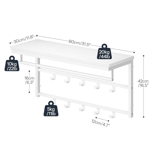 HOOBRO Wandgarderobe mit Ablage, Wandregal mit 10 Haken und Stangen, Wandmontiertes Hängeregal, 80 x 30 x 42 cm, für Wohnzimmer, Schlafzimmer, Badezimmer, Weiß EWT12YM01